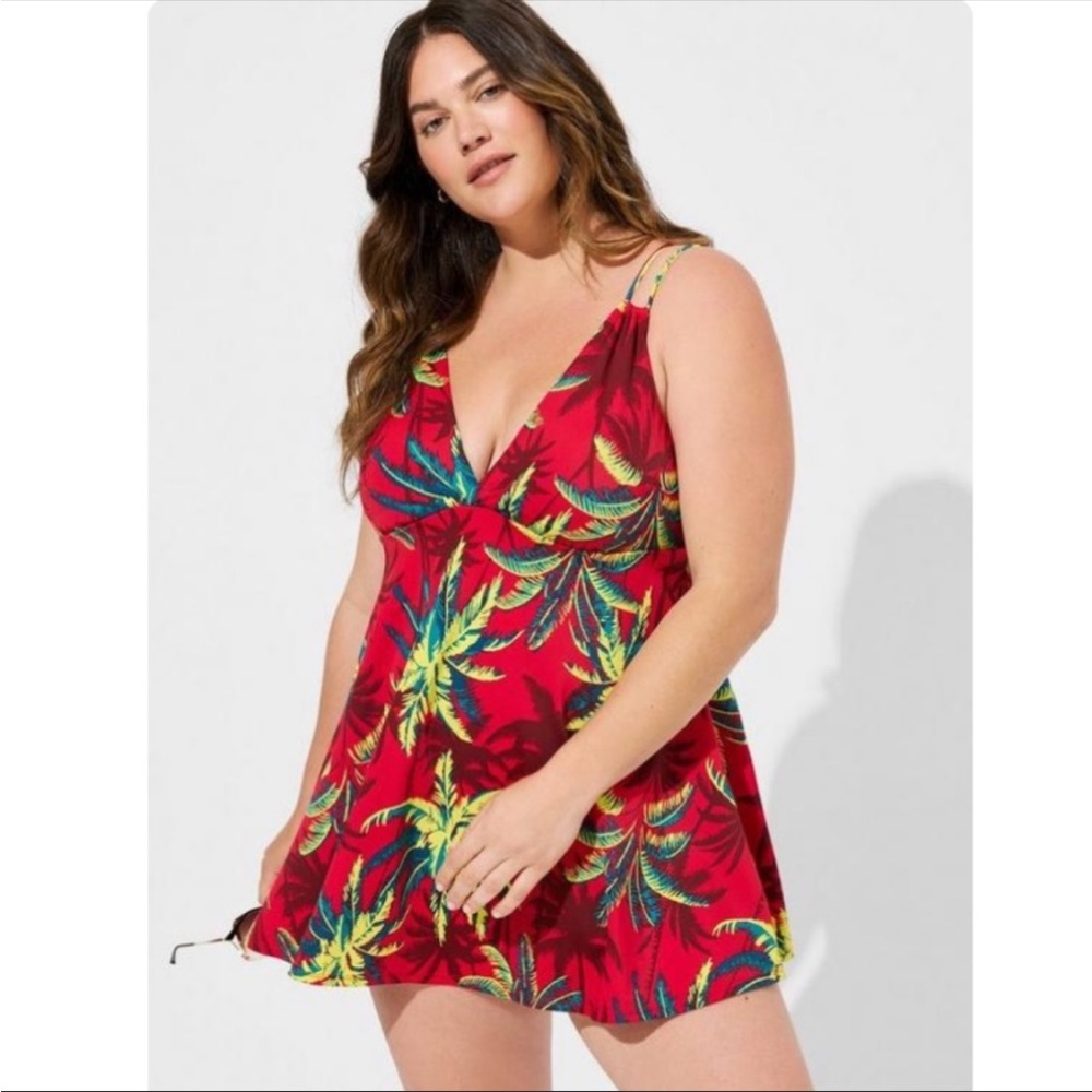 TORRID Retro Wireless Plunge Skirted Swimsuit - tropical shadows print